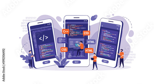 Fototapeta Developers working on mobile app development with three smartphones displaying various coding languages like HTML, CSS, and C plus plus.