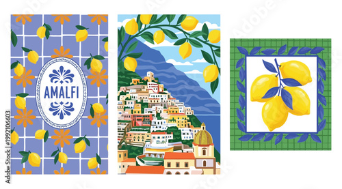 Amalfi coast themed illustrations featuring lemon patterns, coastal town landscape, and tiled lemon design