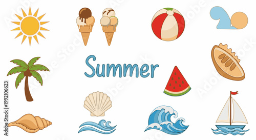 Vibrant summer icons sun, ice cream, palm tree, beach ball, waves, sailboat