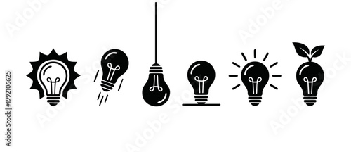 Light bulb icon set, creative ideas and business innovation symbols. Minimalist black vector collection of glowing electric lamps, energy-saving bulbs and green power concepts for creative design proj