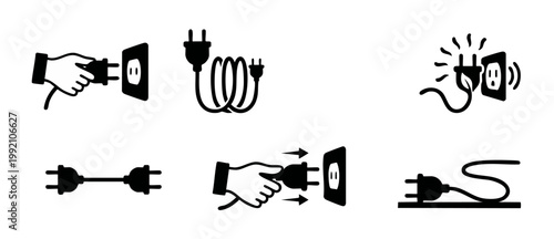 Electric Plug Icon Set for Power Connection and Energy Sustainability Concepts, Vector Illustration of AC Electrical Socket and Cable Extension in Minimalist Black and White Style for Web UI and Desig