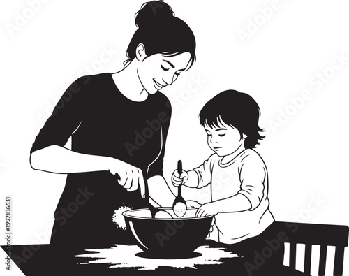 Mother and child baking together, mom and little kid preparing food in kitchen at home.