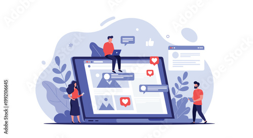 Group of people interacting with social media content on a giant laptop screen with chat bubbles and heart reaction icons.