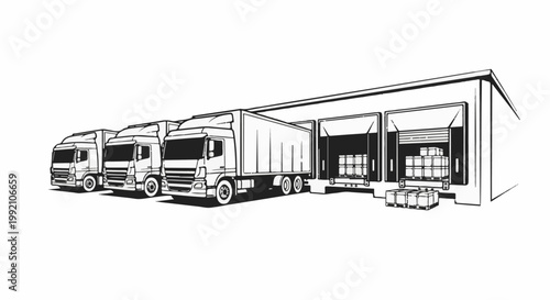 Trucks are parked at a loading dock, with cargo being unloaded