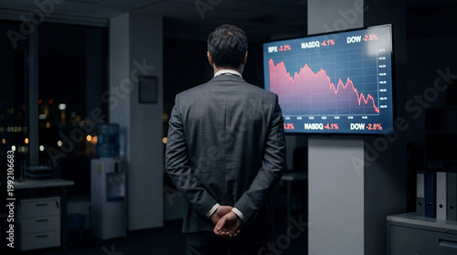 Businessman Watching Falling Stock Market Graph in Dark Office