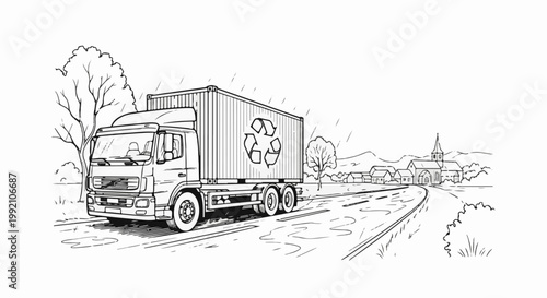 Truck with recycling symbol on container drives through rainy rural landscape