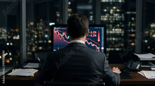 Businessman Watching Falling Stock Market Graph in Dark Office