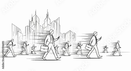 Stylized sketch of business people walking with briefcases in a city
