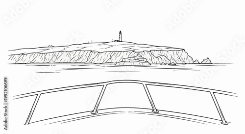 View from a boat to a lighthouse on a rocky cliff over the sea