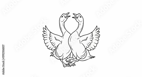 Two birds with necks intertwined and wings spread