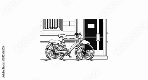 Vintage bicycle parked outside a building with a window and double doors
