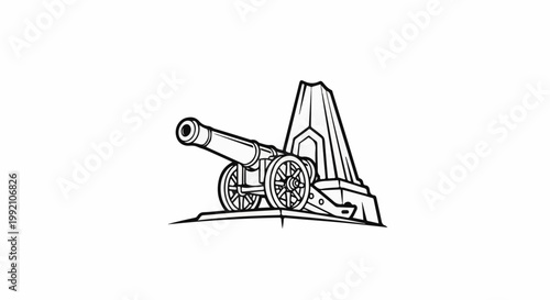 Vintage cannon on display with stone monument, line art