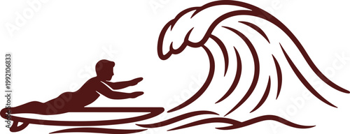 Surfer on surfboard catching big ocean wave silhouette.