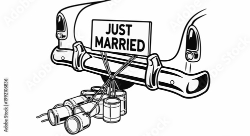 Vintage car bumper decorated with 'Just Married' sign and tied cans