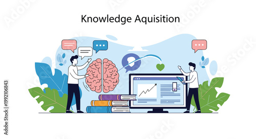 Educational concept of knowledge acquisition showing people around a large brain, books, and a computer with data charts.
