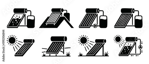 Solar Water Heater Icons Set, Sustainable Energy Systems Vector Graphics. Heating panels with thermal storage tanks, renewable sun power collection diagrams for eco-friendly architectural project desi