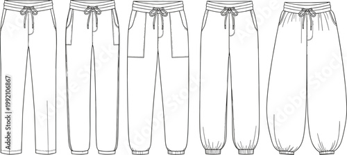 Women's Sweatpants and Joggers Technical Vector Set with Various Styles Including Harem Pants, Cuffed Joggers, and Straight Leg Lounge Trousers for Fashion Design