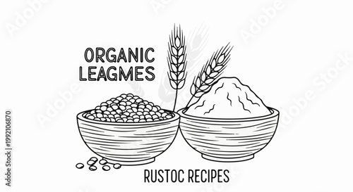 Two bowls of legumes and flour with wheat stalks above