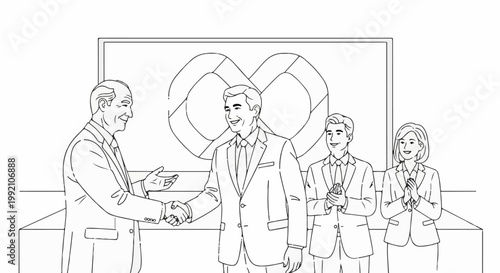 Two businessmen shake hands as two colleagues applaud them