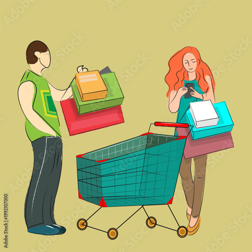 Man and woman in the store. The guy and the girl stand next to the shopping cart and put the purchased goods into it. Sketch. Vector illustration