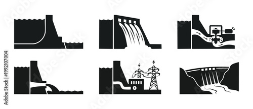 Hydroelectric Dam Icons Set with Power Generation Processes and Water Flow Diagrams for Sustainable Renewable Energy and Infrastructure Concept Illustration, Professional Black Vector Graphic Collecti