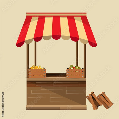 Shopping pavilion, counter, shop with a striped multi-colored canopy and boxes of fruit. Vector illustration