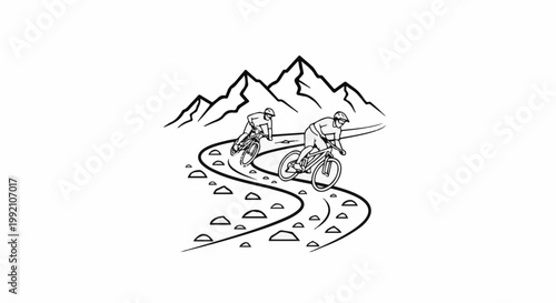Two cyclists race down a rocky mountain path, with jagged peaks