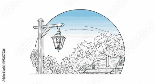 Vintage lamppost illuminates a charming house nestled among trees under blue sky