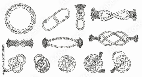 Vintage illustration of various rope knots and coiled rope designs