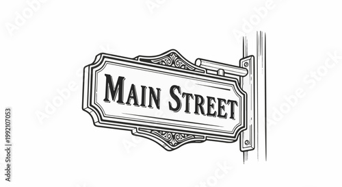 Vintage "Main Street" sign, illustrated in black and white outline