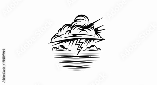 Stylized storm cloud with lightning striking over choppy water