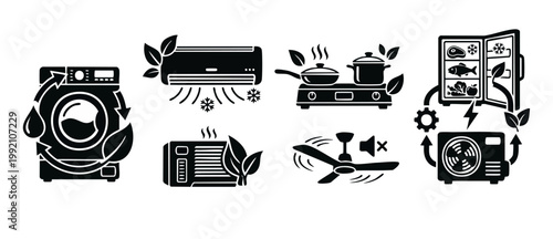 Energy Efficient Home Appliances Icons Set, Eco Friendly Smart Household Electronics, Sustainable Living Technology, Electricity Saving Symbols for Kitchen Laundry Climate Control Systems and Maintena