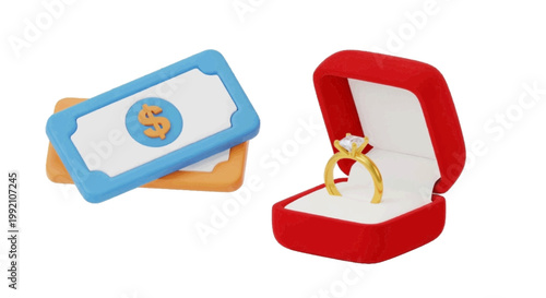 Vector illustration of 3d render of money bills and a diamond ring in a red jewelry box on a transparent background