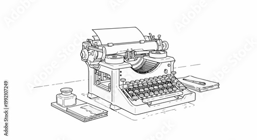 Vintage writing machine with inkwell, paper and pen
