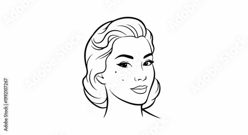 Vintage-style portrait of a woman's face with curled hair and a beauty mark