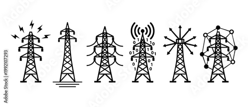 Electric Power Transmission Tower Icons Set, High Voltage Electricity Infrastructure Symbols, Smart Grid Technology and Communication Network Line Art Graphics for Industrial Engineering and Energy Co
