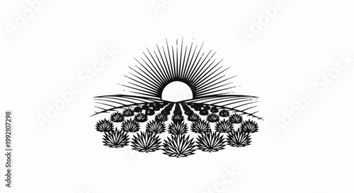 Stylized sun setting over a field of agave plants