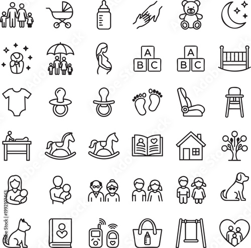 Parenting and Family Line Icons Set, Minimal Black Outline Baby Care and Family Vector Icon Pack Grid