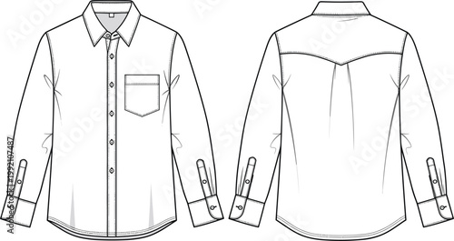 Technical Fashion Flat Sketch of Men Long Sleeve Button Down Shirt with Chest Pocket and Back Yoke for Apparel Tech Pack Design