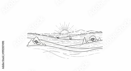 Stylized sunrise over rolling hills with scattered trees and distant mountains