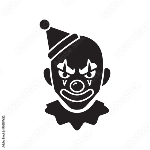 Angry evil clown face silhouette icon with party hat and ruffled collar for halloween or horror design