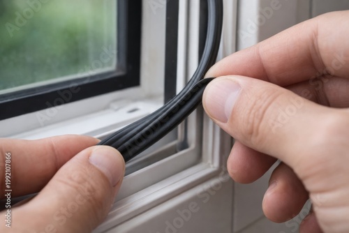 Installing Window Seal To Stop Cold Drafts. Close-up of hands fitting rubber weather stripping on a window frame to reduce drafts, improve insulation, and save household energy.