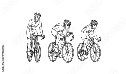 Cycling lineup vector with three bike riders in row black and white clean layout