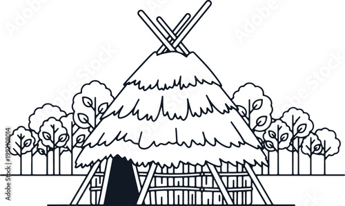 Tribal hut with thatched roof, surrounded by trees, primitive shelter illustration.