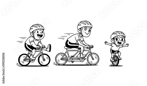 Cute cycling cartoon vector with three bike riders in playful black and white style