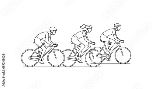 Stylized cycling people vector with three bike riders modern black and white design