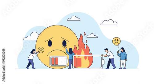 Concept of burnout and mental exhaustion showing people trying to recharge a giant sad face emoji and low battery symbols.