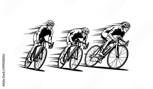 Dynamic cycling action vector with three bike riders in motion black and white design
