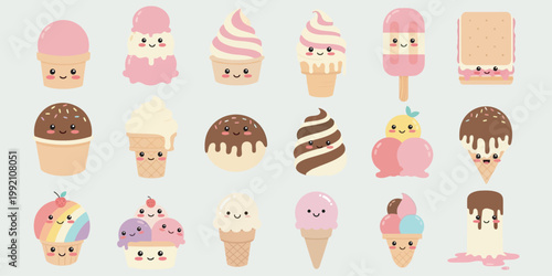 Cute Kawaii Ice Cream Cone Character with Smiling Face Flat Pastel Illustration
