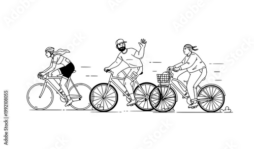 Diverse cycling people vector with three bicycle riders black and white line art